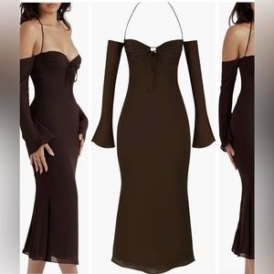 HOUSE OF CB NAOMI COLD SHOULDER LONG SLEEVE HALTER MIDI DRESS